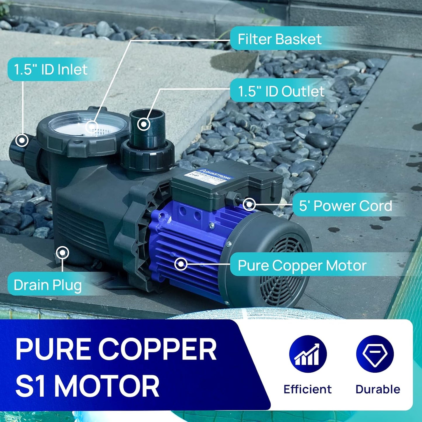 Bomba de piscina, 3 HP, Alto flujo, con cesta de filtro, Aquastrong.