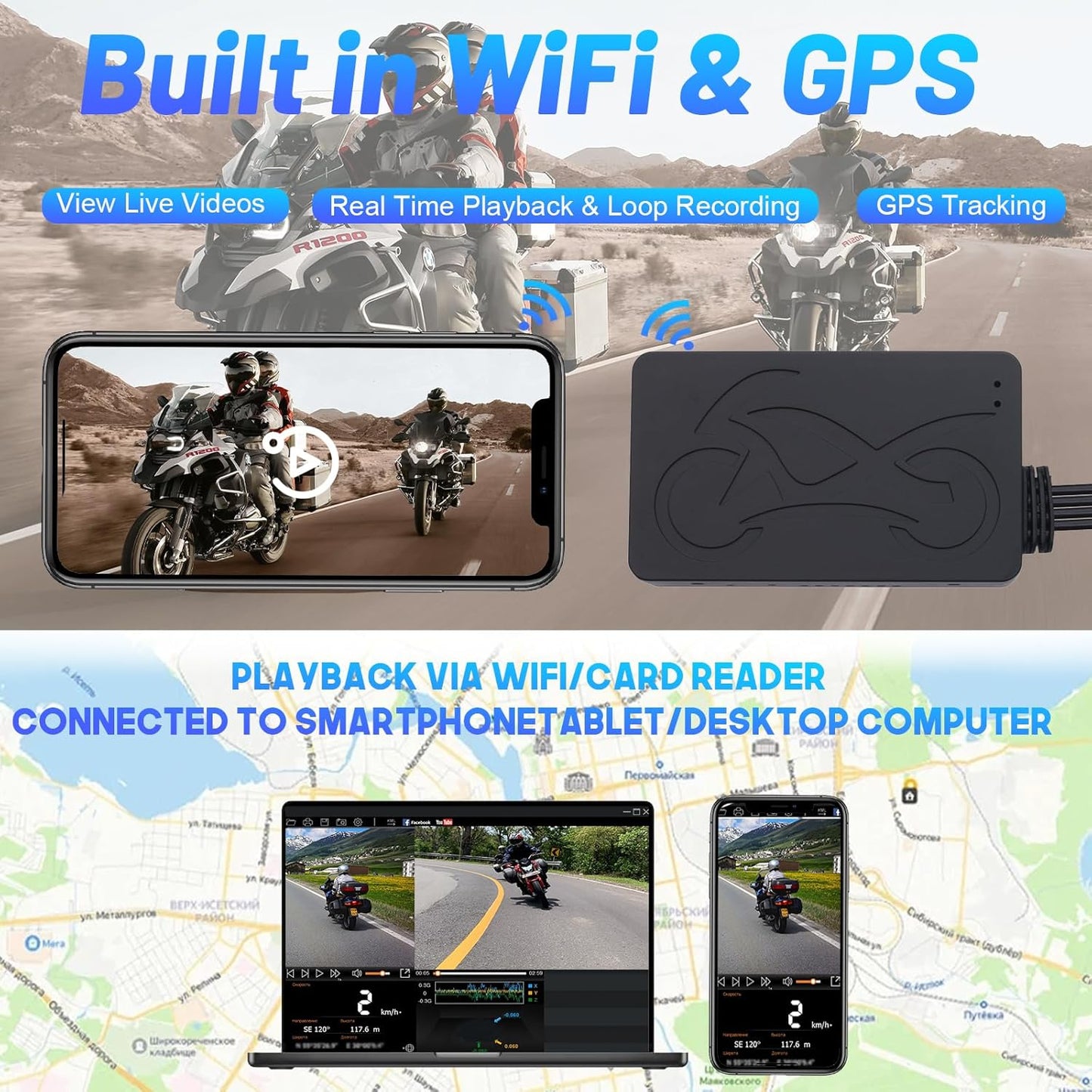 Geloo Cámara de tablero de motocicleta dual 1080P Dash Cam