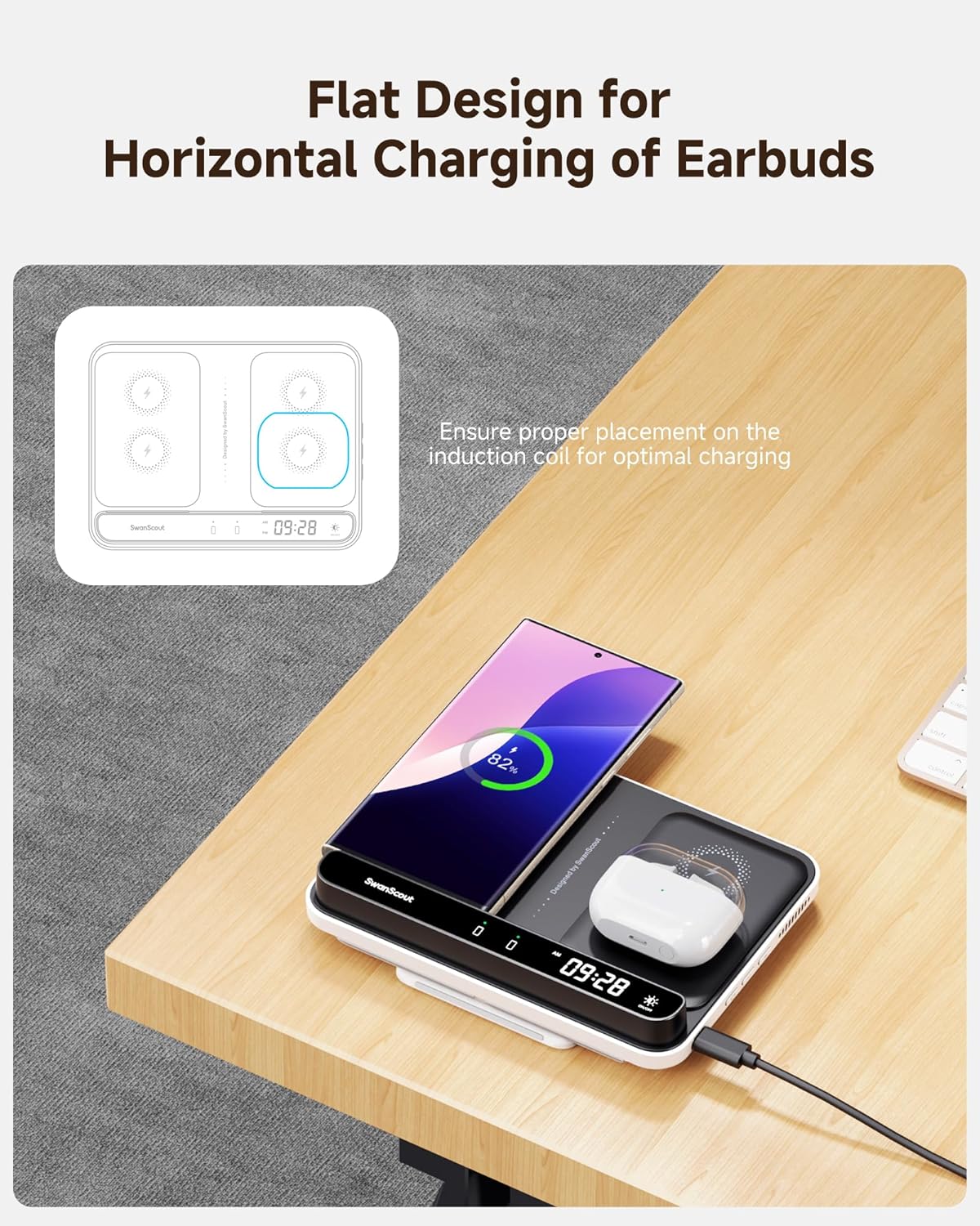 Cargador Inalámbrico Dual para telefonos, earbuds Y reloj.