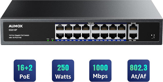 Aumox conmutador Ethernet Gigabit PoE de 18 puertos.