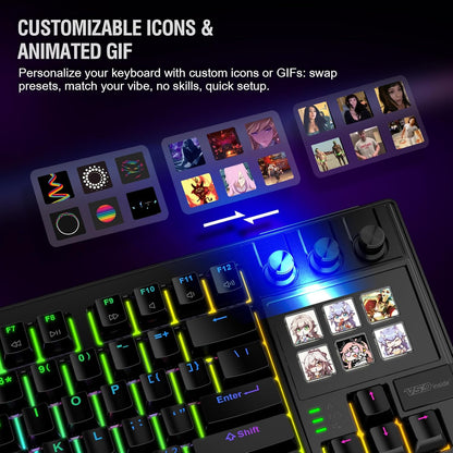 Teclado Cableado K1 Pro, para juegos y streaming con pantalla y perillas.