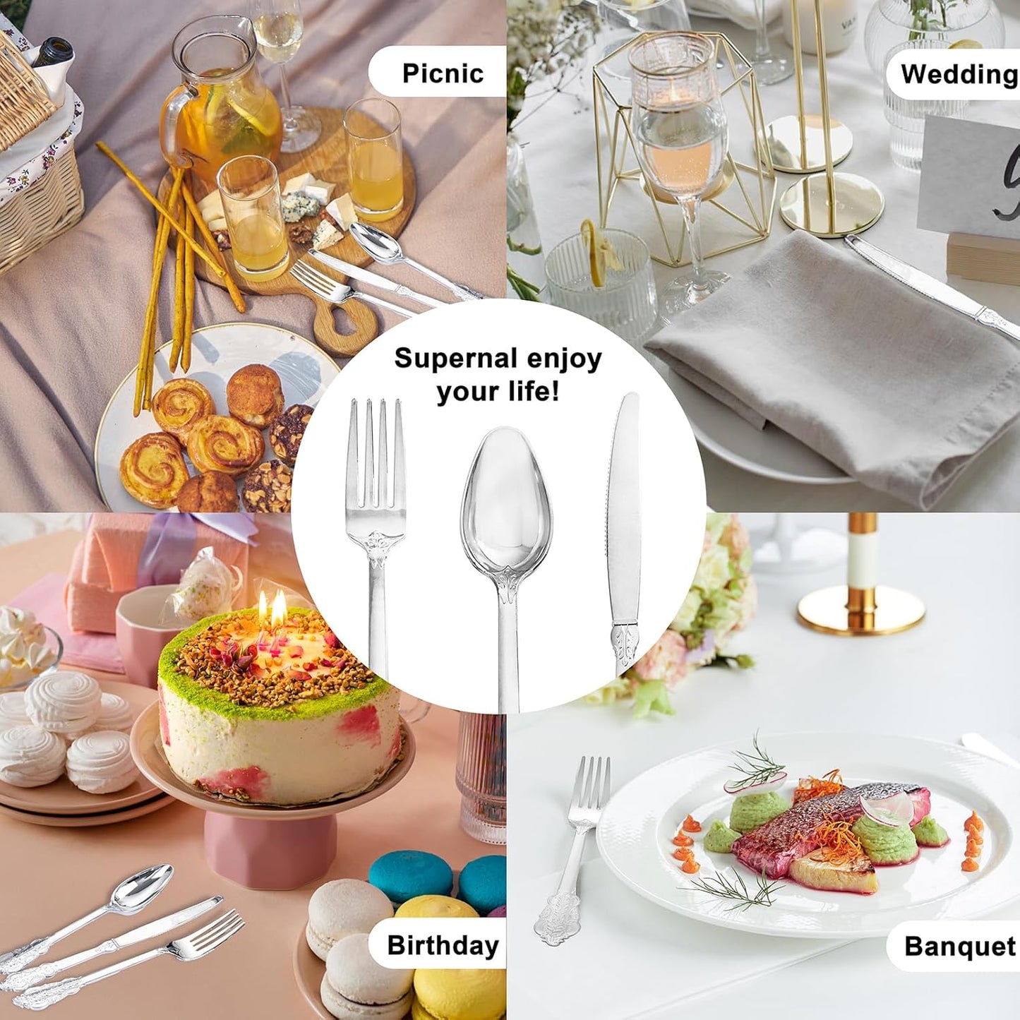 Cubiertos de plástico plateado, Servilletas preenrollados, 400pcs.