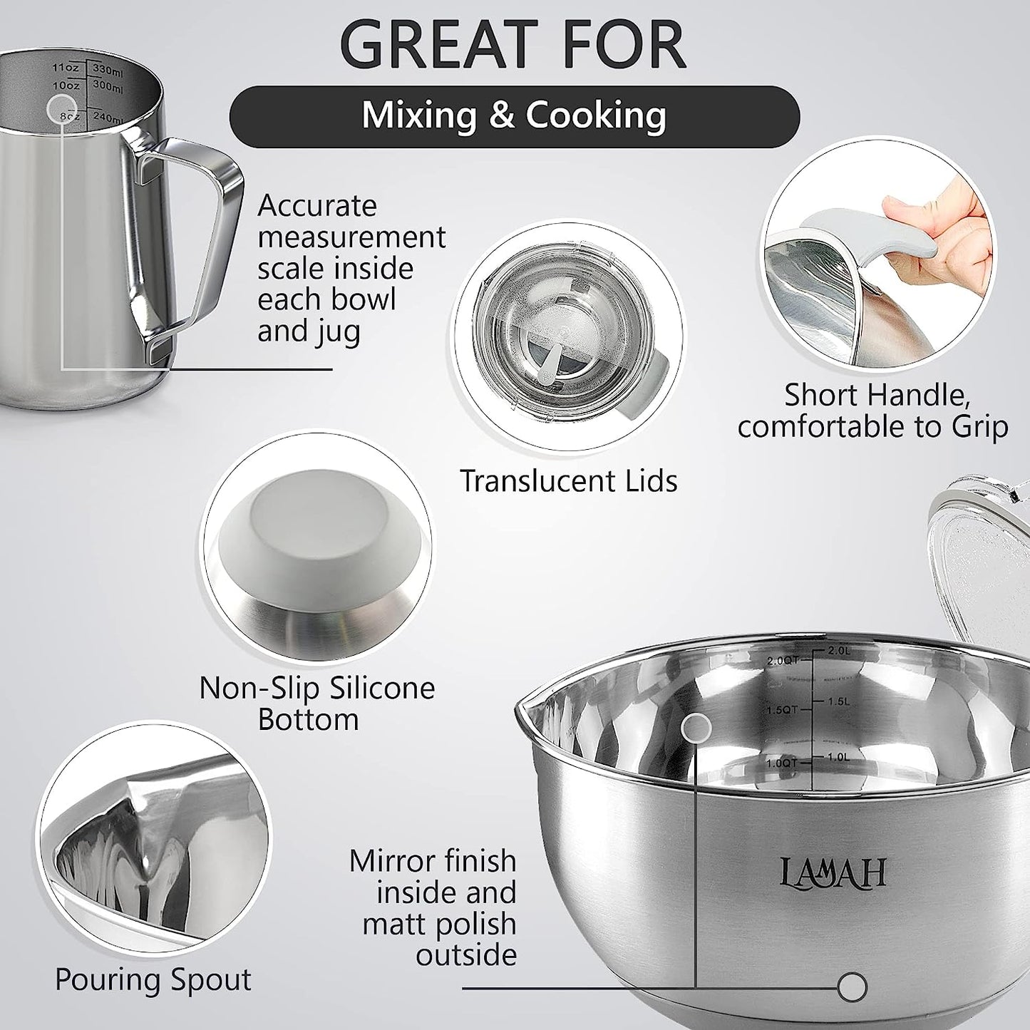 Juego de tazones acero inoxidable para mezclar con tapas  Lamah