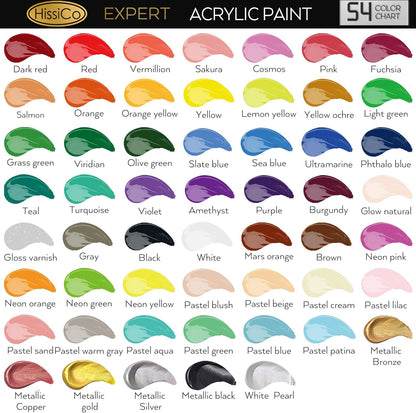 Set de pintura acrílica, 54 colores, 60 ml, con 12 pinceles, lienzo y madera.