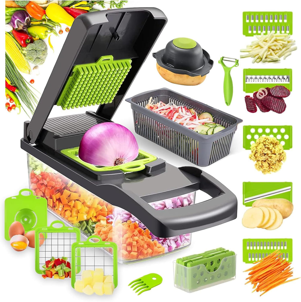Cortador de Verduras, 16 en 1, 7 Cuchillas de Acero Inoxidable.
