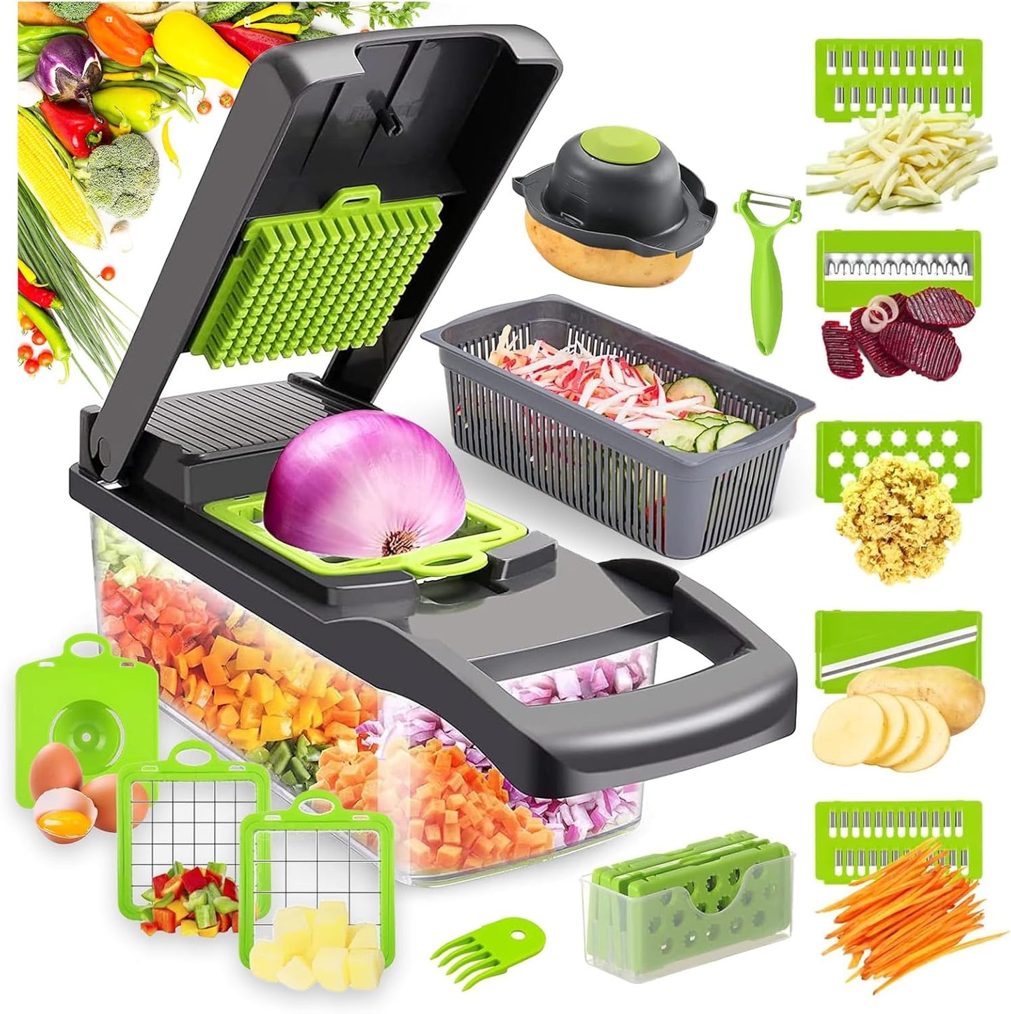 Cortador de Verduras, 16 en 1, 7 Cuchillas de Acero Inoxidable.