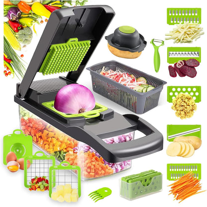 Cortador de Verduras, 16 en 1, 7 Cuchillas de Acero Inoxidable.