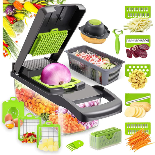 Cortador de Verduras, 16 en 1, 7 Cuchillas de Acero Inoxidable.