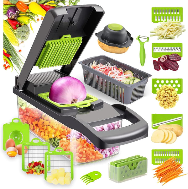 Cortador de Verduras, 16 en 1, 7 Cuchillas de Acero Inoxidable.