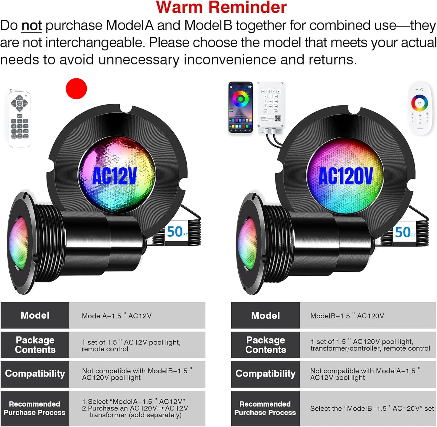 Luz LED de 1.5 pulgadas, para piscina, RGB, sin bordes.(USADA).