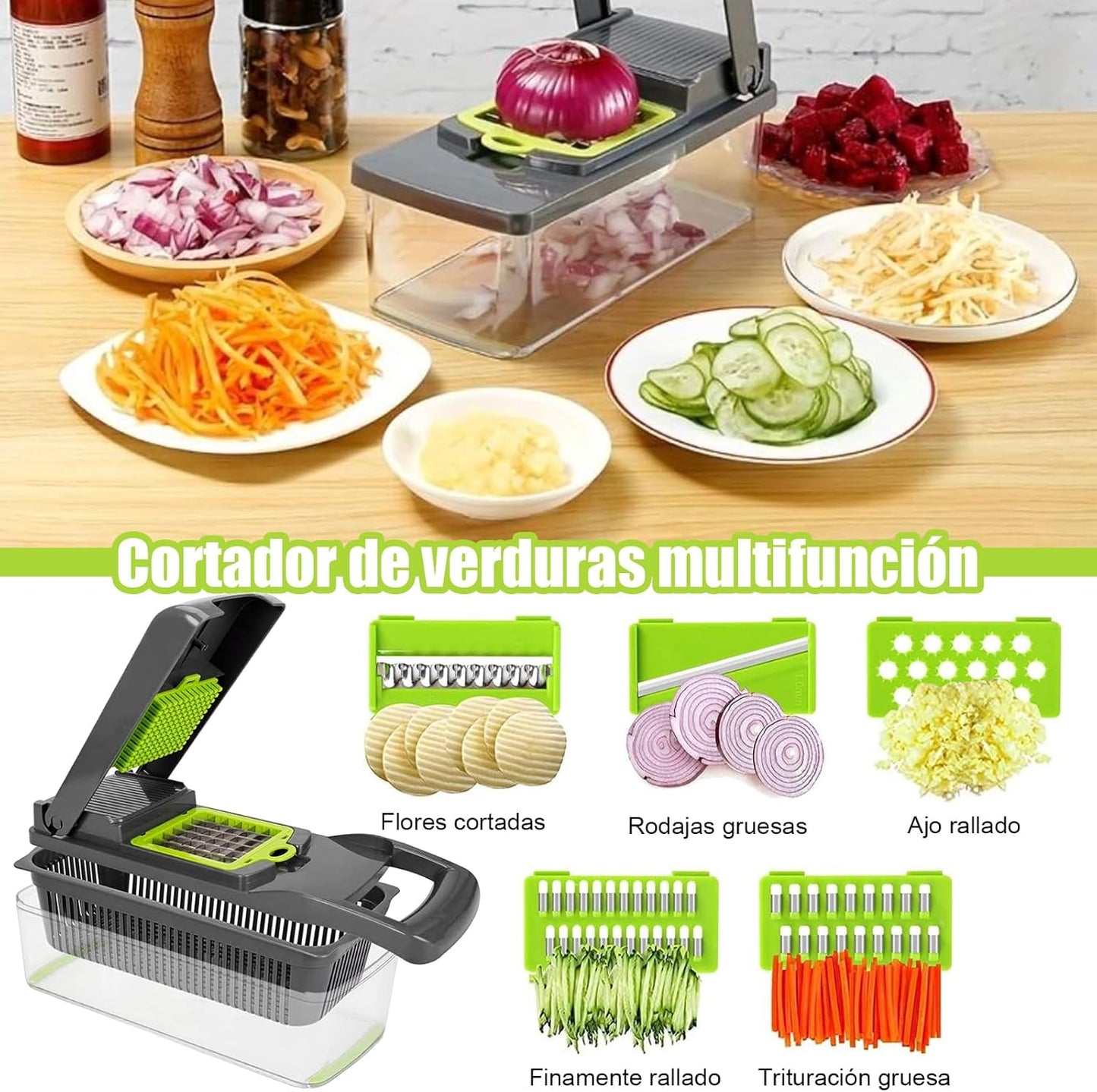 Cortador de Verduras, 16 en 1, 7 Cuchillas de Acero Inoxidable.