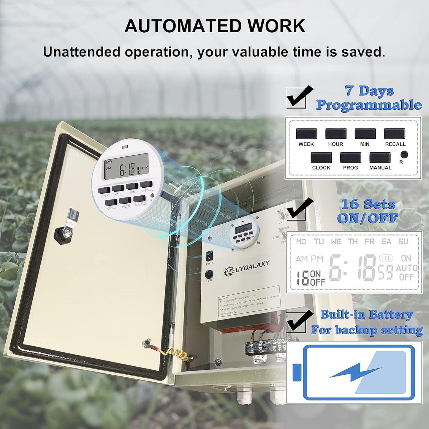 Controlador de temporizador de motor enrollable para invernadero  UYGALAXY