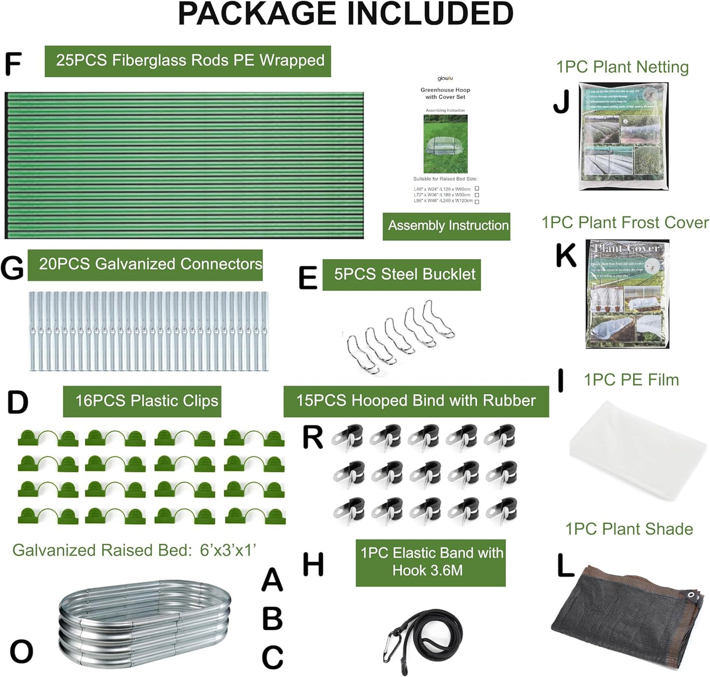 Cama elevada galvanizada de 4 x 2 x 1, para invernadero.