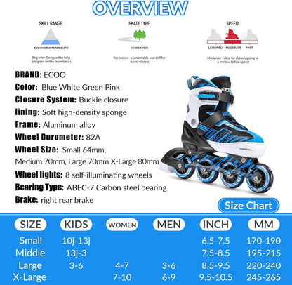 Patines en línea ajustables para niños y niñas con ruedas iluminadas. ECOO