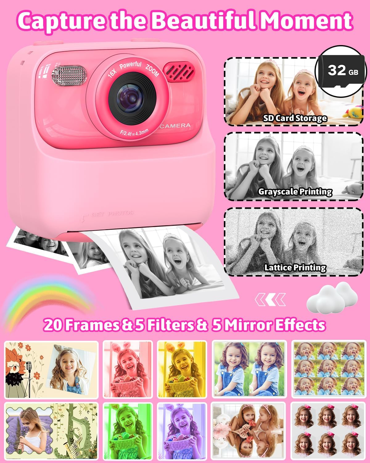 Cámara de fotos instantánea para niños color rosa
