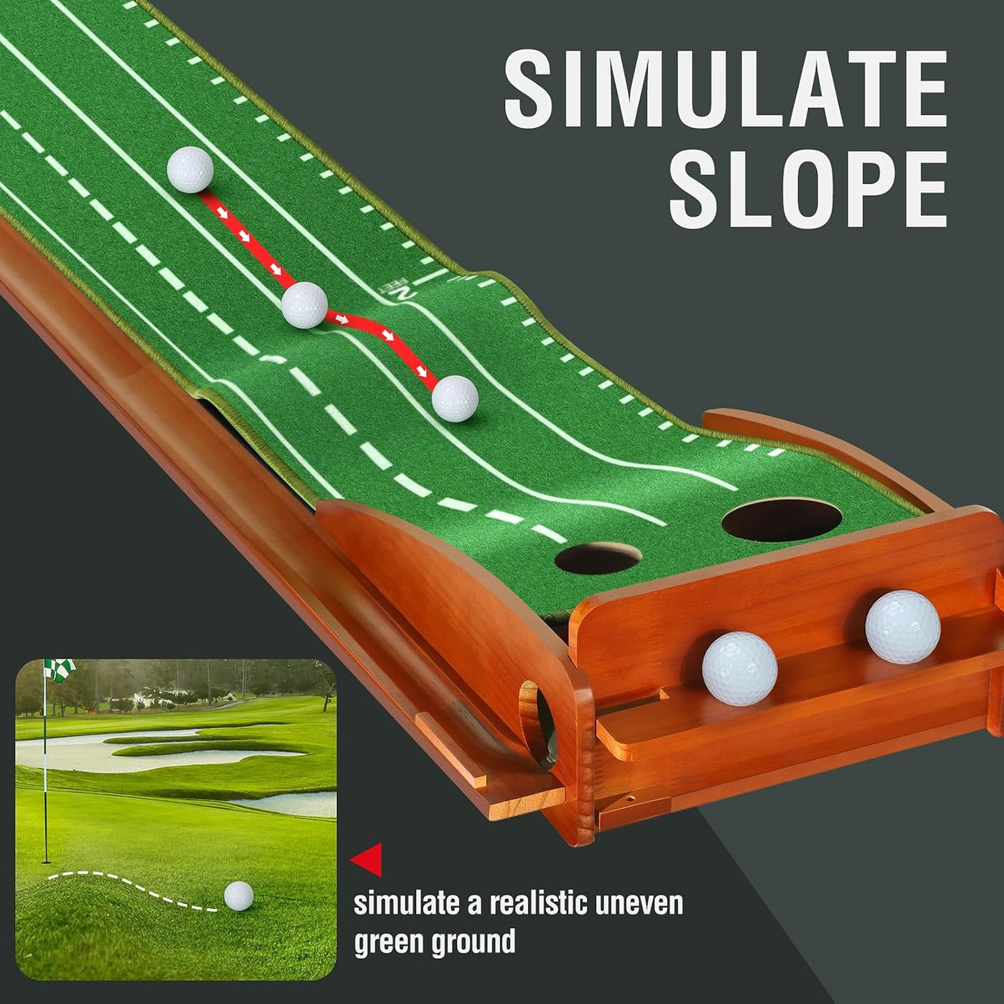 Tapete de entrenamiento de Golf con 2 agujeros, base de madera maciza,