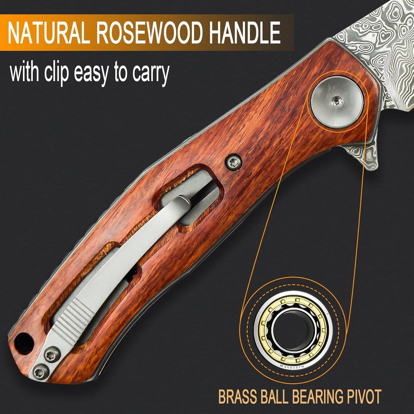 AUBEY Cuchillo de bolsillo plegable de Damasco hecho a mano c/clip.