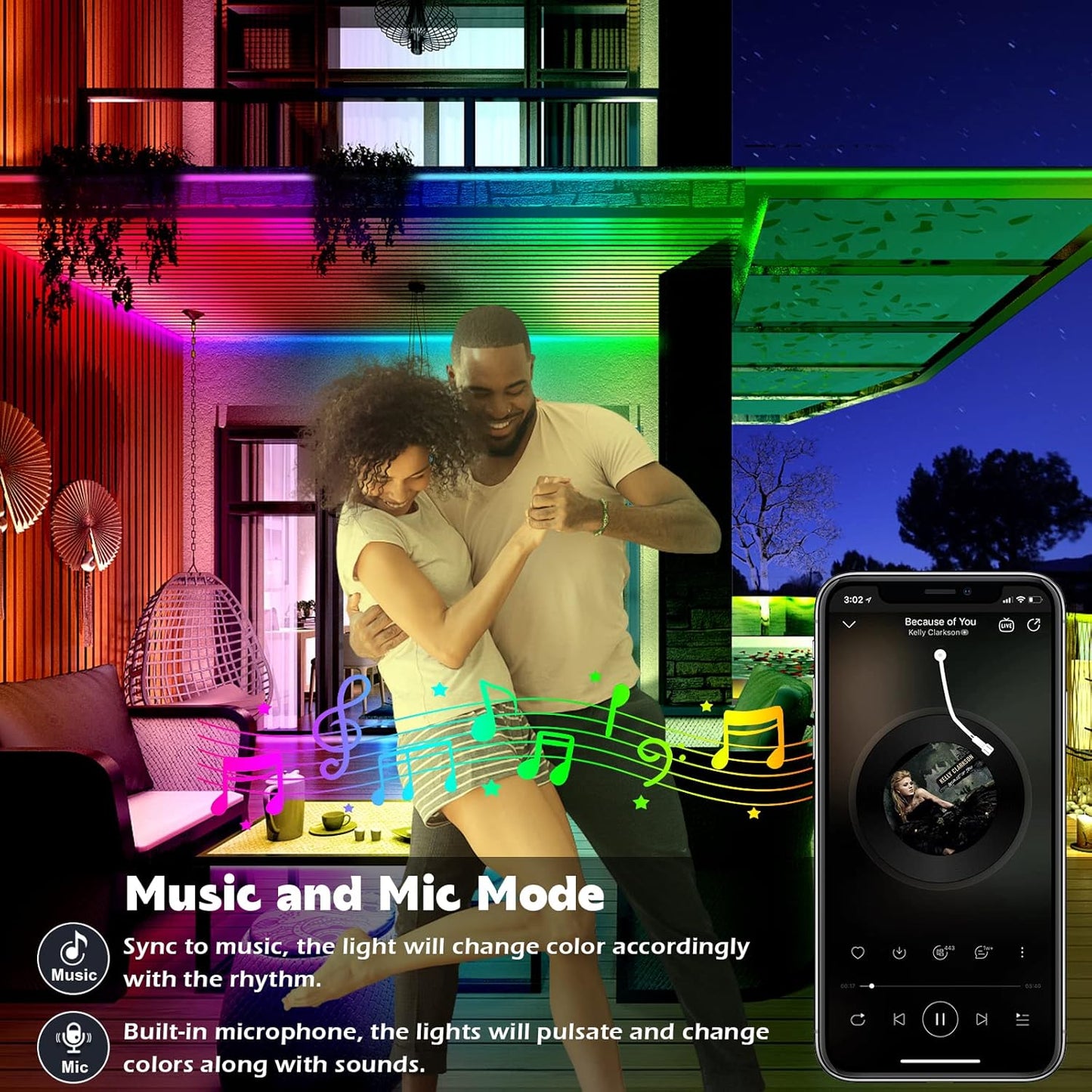 Tira de luces LED para exteriores, 200FT, impermeable, control rem.