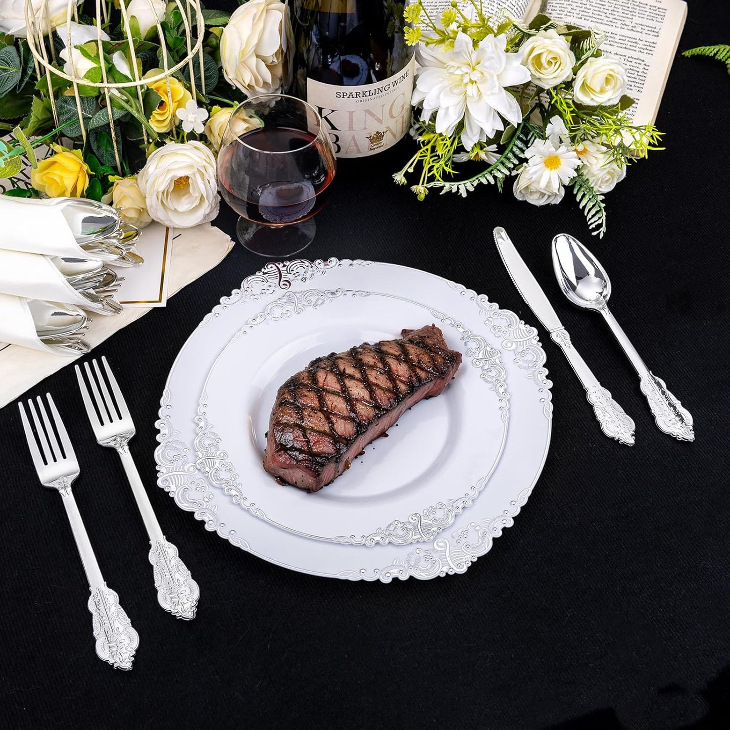 Cubiertos de plástico plateado, Servilletas preenrollados, 400pcs.