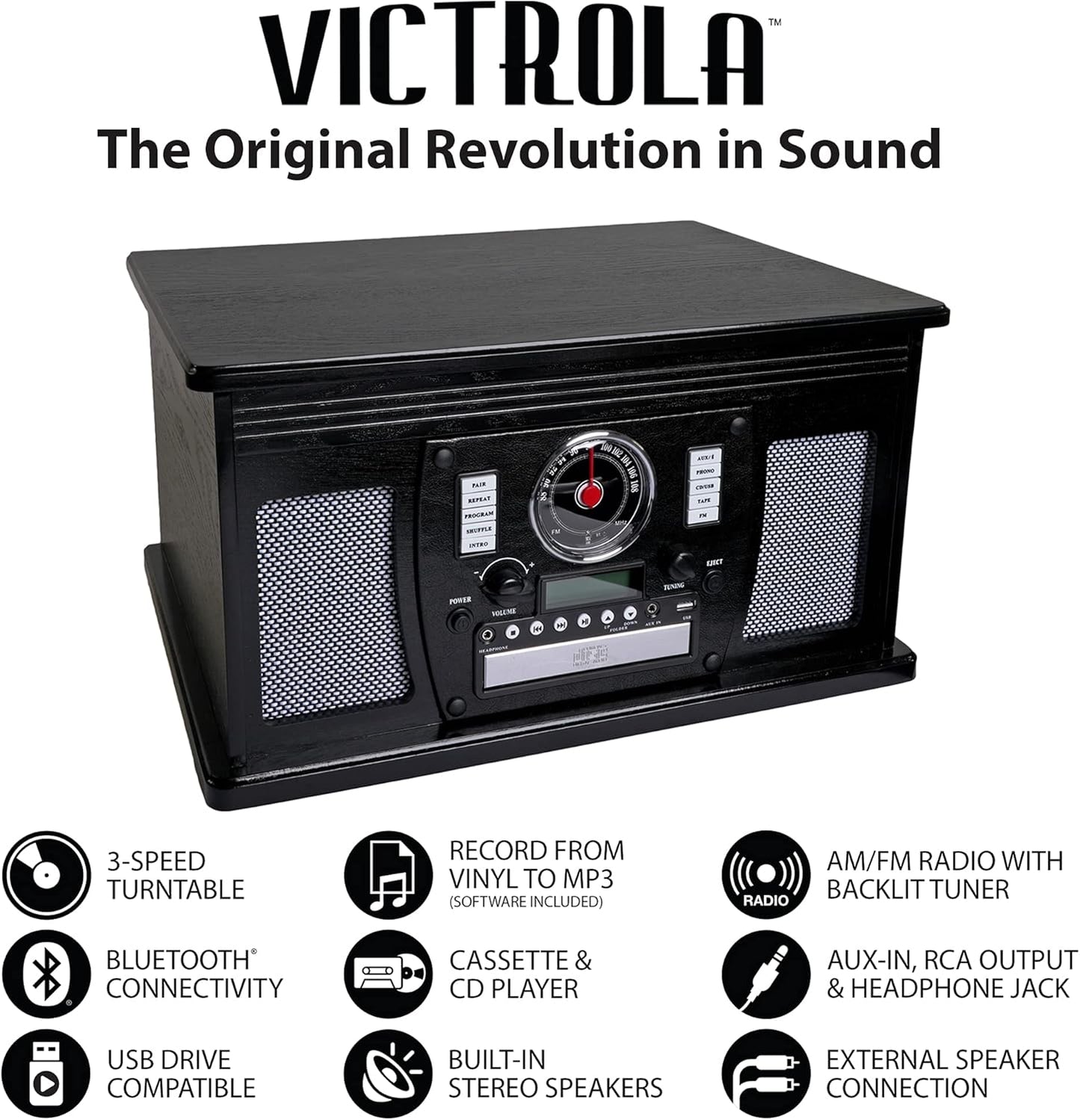 Victrola Reproductor de Discos Bluetooth clásico 8 en 1 (USADO)