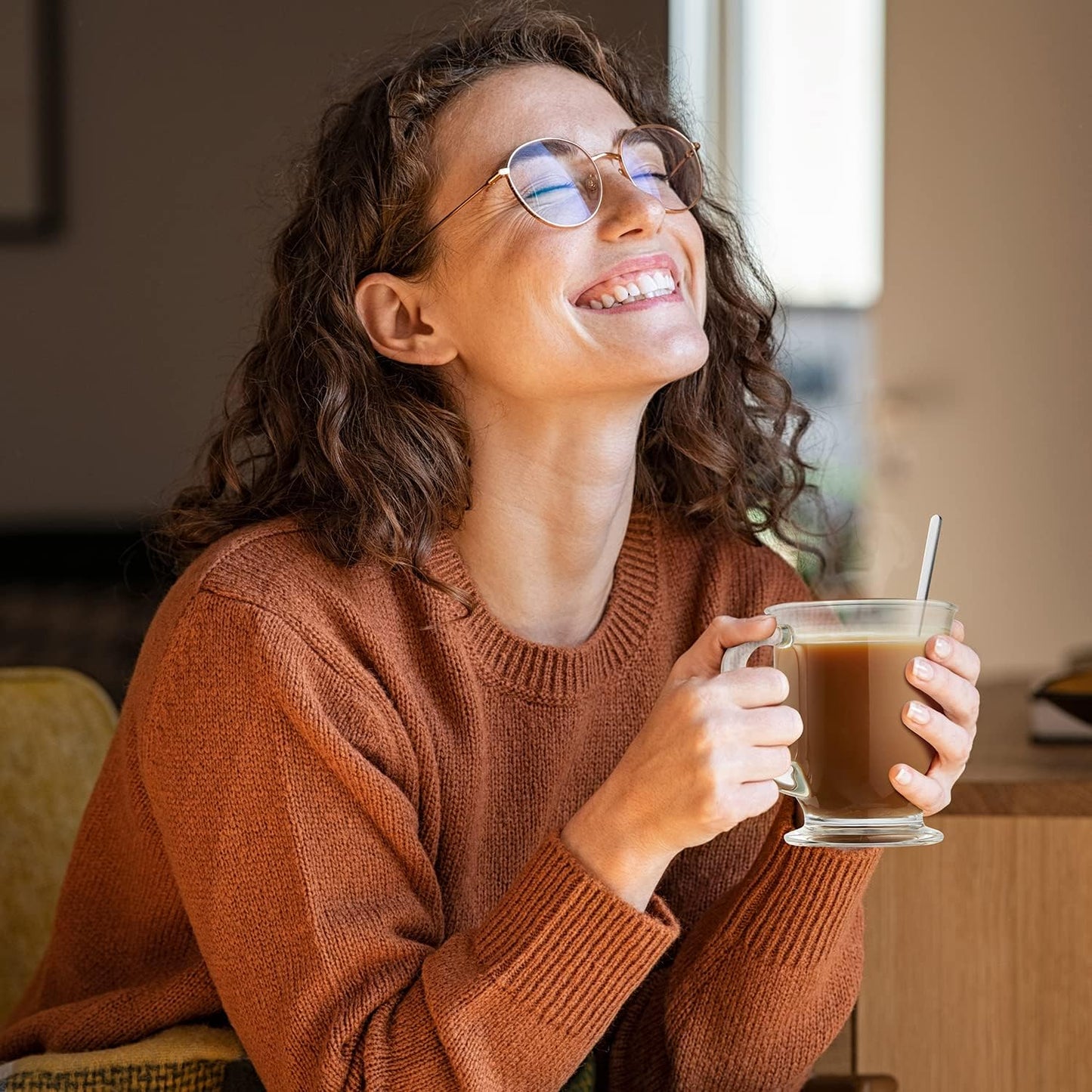 4 tazas de vidrio, transparente grande, de 15 oz con asas para bebidas calientes