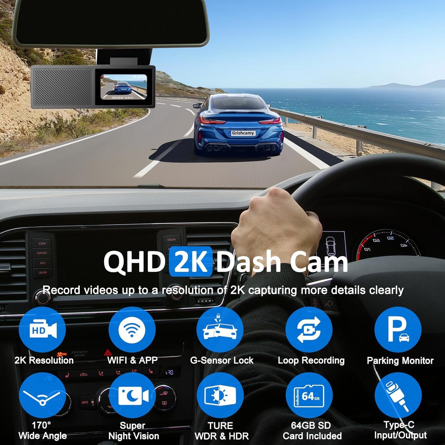 Dashcam, grabación en Bucle, Sensor G, WiFi 2K, Tarjeta SD 64GB.