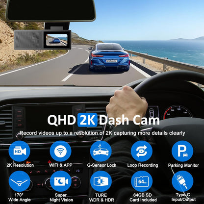 Dashcam, grabación en Bucle, Sensor G, WiFi 2K, Tarjeta SD 64GB.