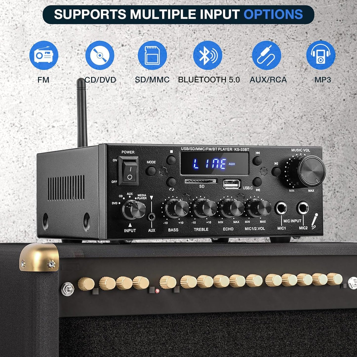 Receptor amplificador de audio estéreo KS-33BT