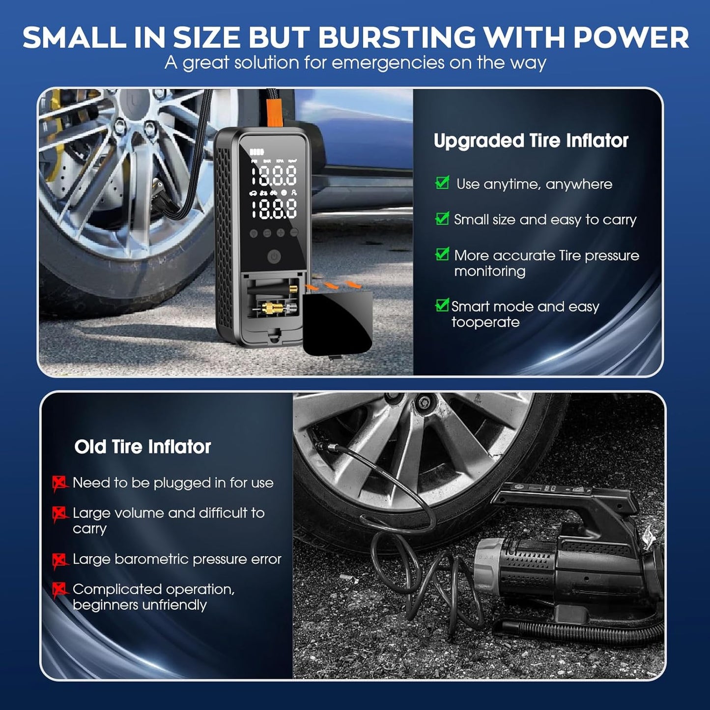 Inflador de neumáticos, portátil, con luz LED de emergencia (USADO).