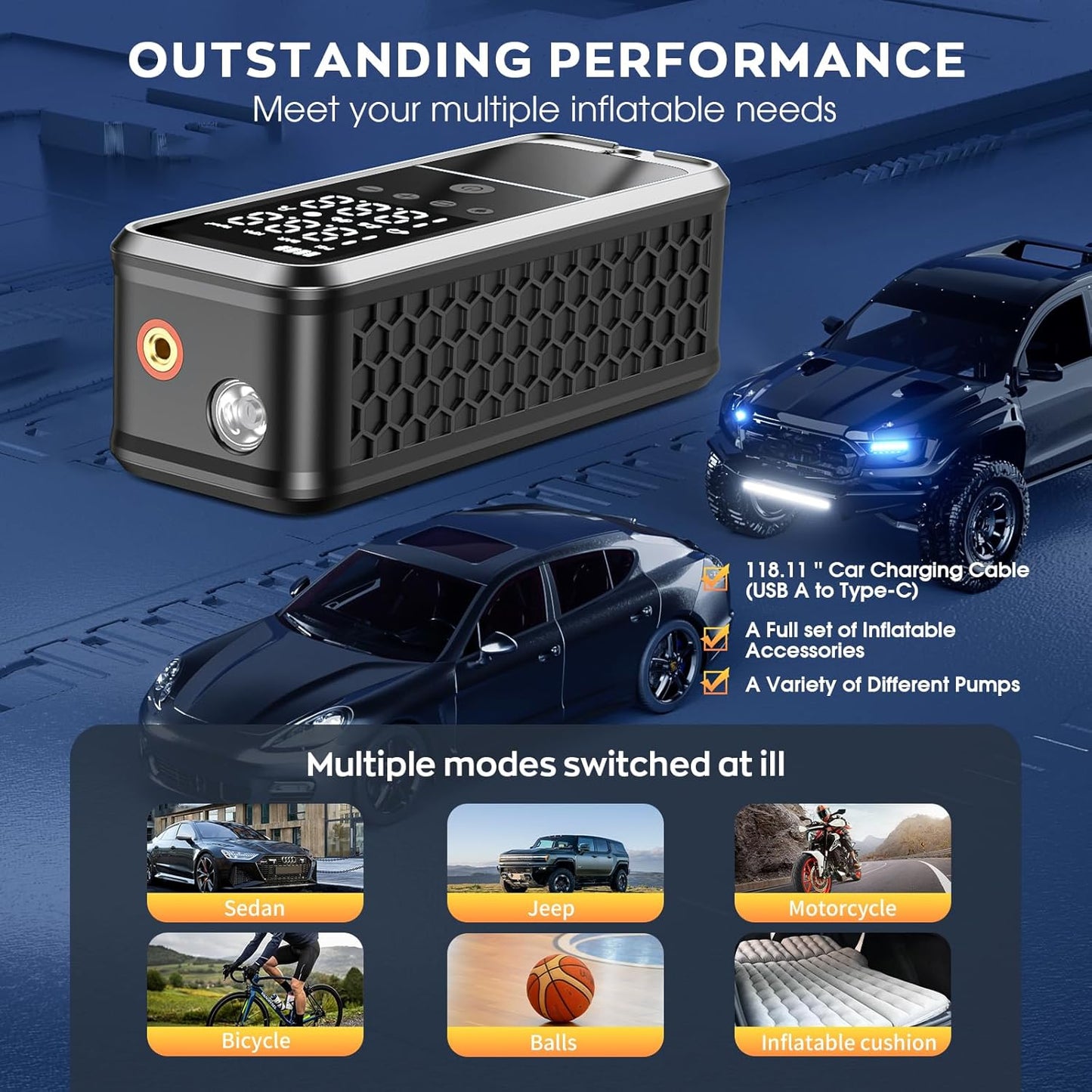 Inflador de neumáticos, portátil, con luz LED de emergencia (USADO).