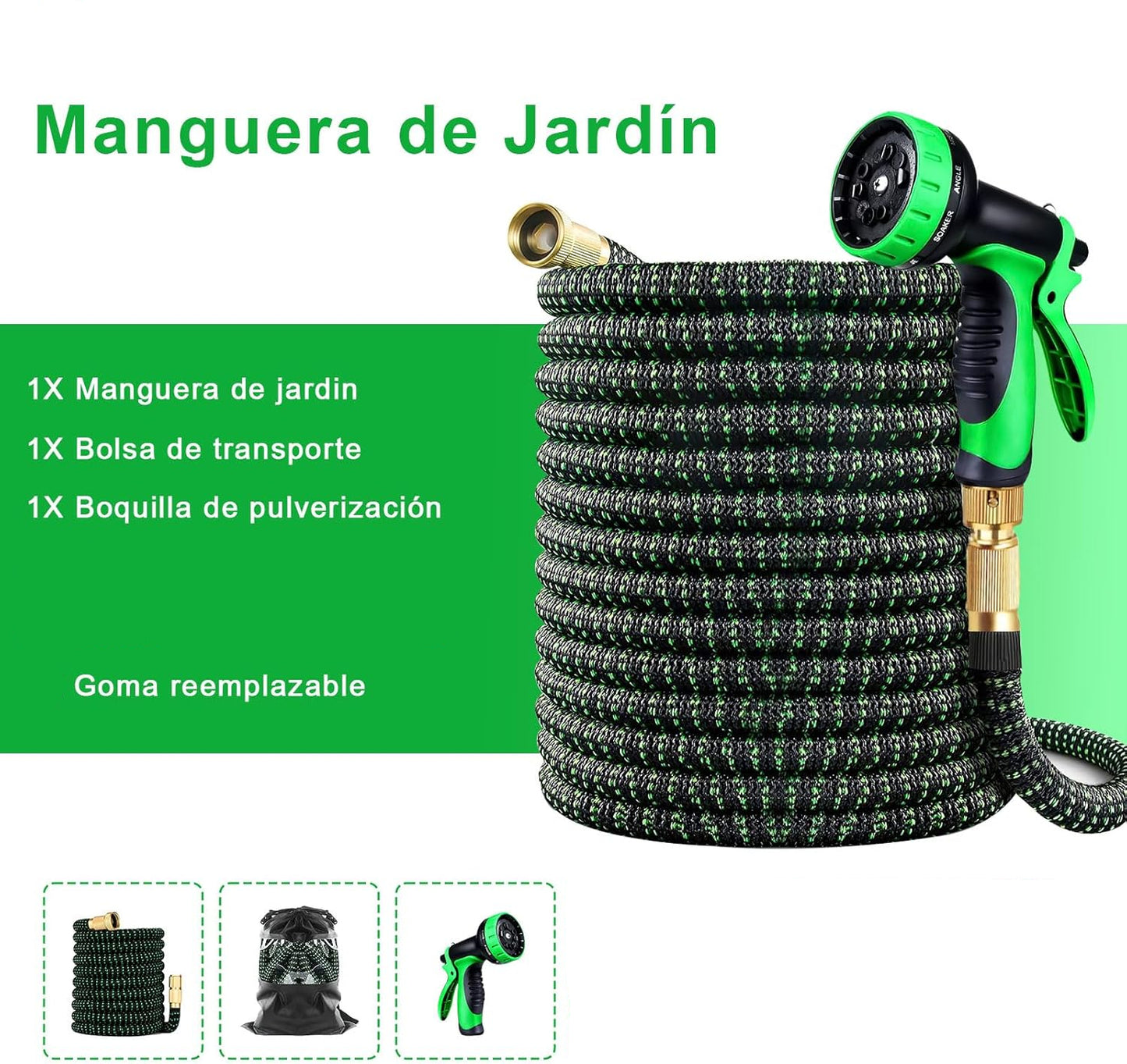 Manguera de Jardín, 75FT/22.5Mts, Expandible con boquilla 10 modos.
