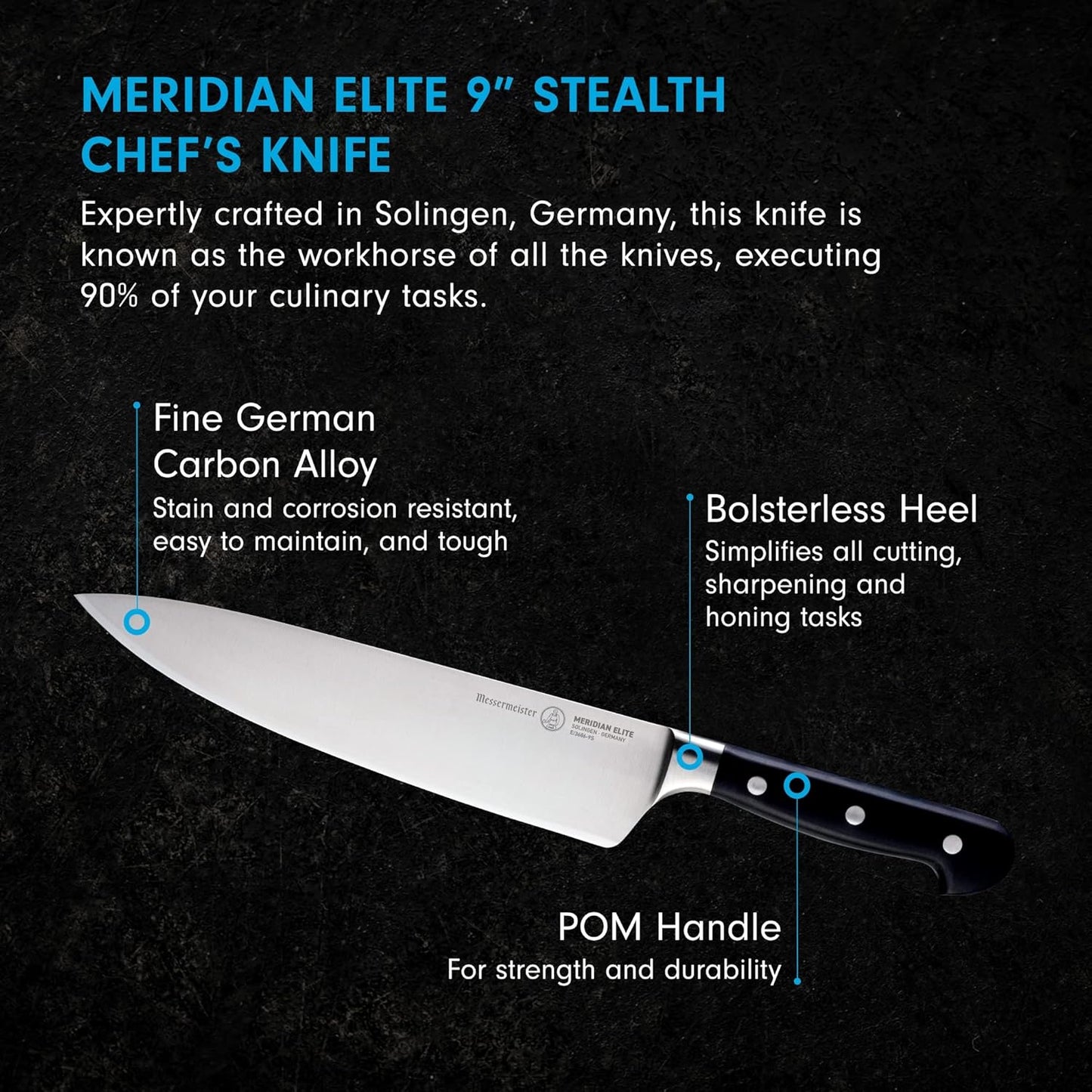 Cuchillo de chef, Messermeister Meridian Elite, 9", Stealth.