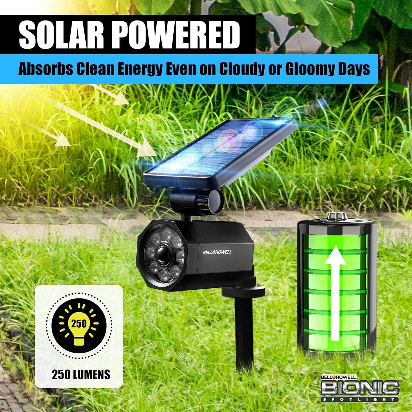 BELL+HOWELL- Lampara solar para exteriores con panel solar, Negro