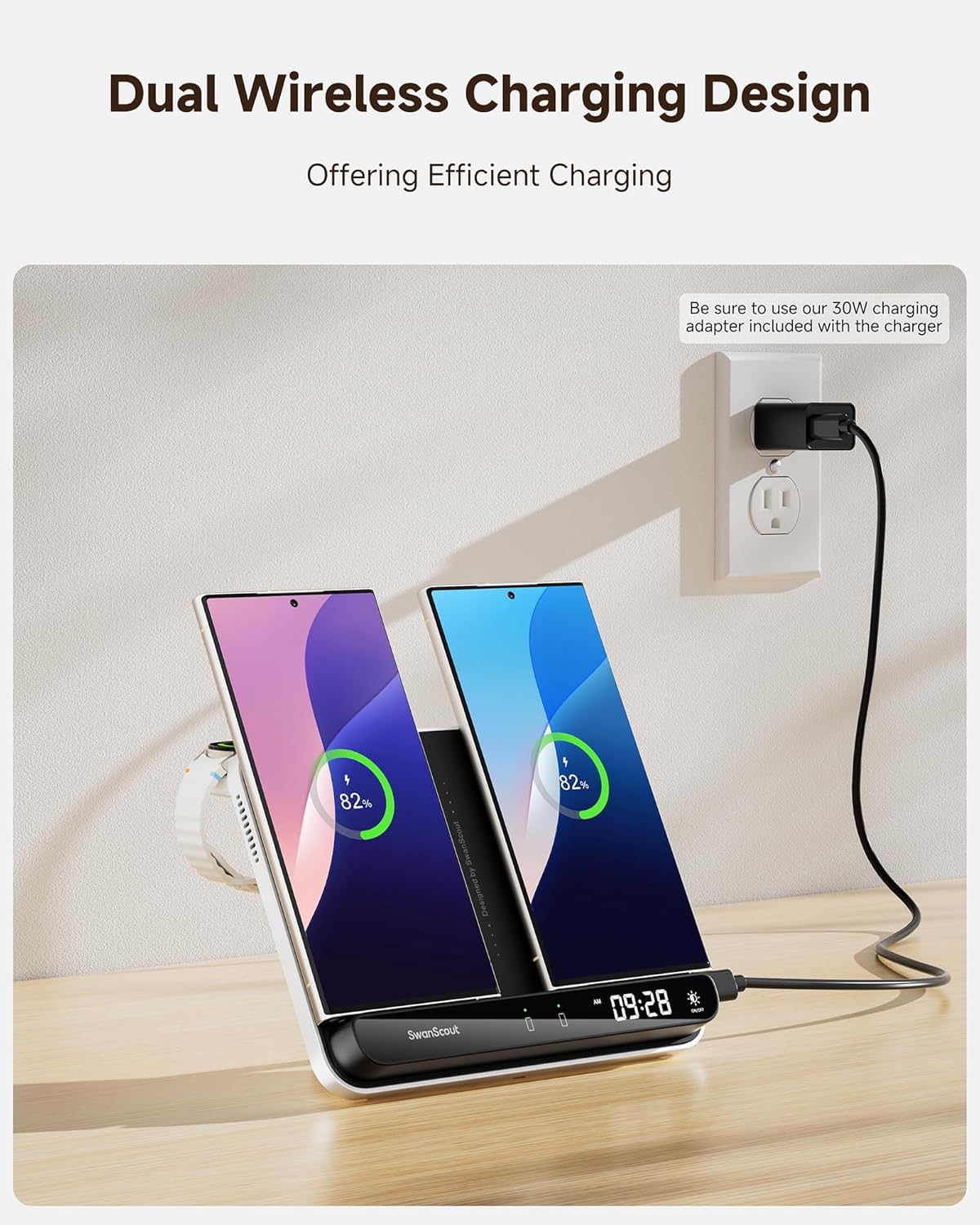 Cargador Inalámbrico Dual para telefonos, earbuds Y reloj.