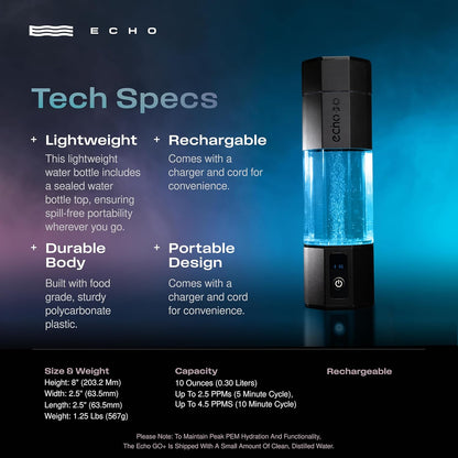 Botella de agua con infusión de hidrógeno, purificación SPE y PEM.
