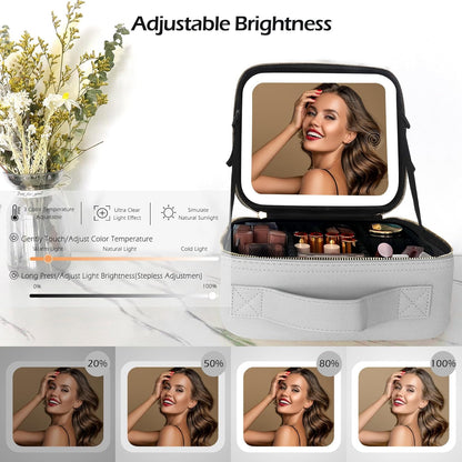 Estuche de maquillaje con espejo y luz, Momira, divisores ajustables.