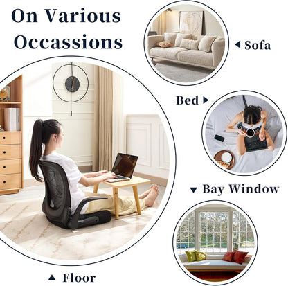 Silla de piso CoVibrant ergonómica plegable respaldo de malla, posabrazos