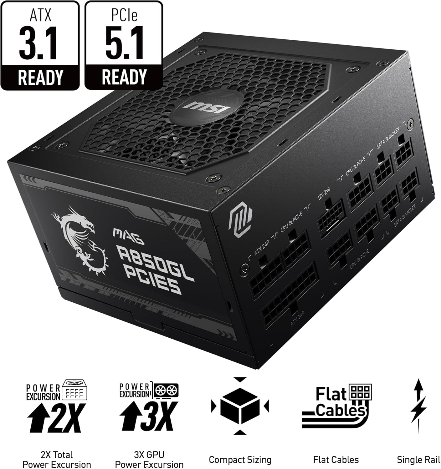 MSI Fuente de alimentación para Juegos mag A850GL PCIE 5 y ATX 3.0