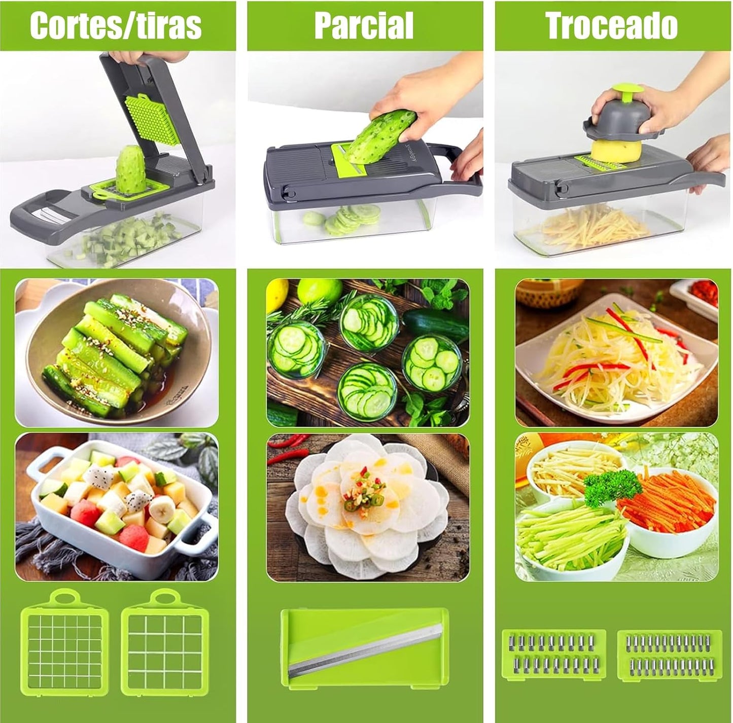 Cortador de Verduras, 16 en 1, 7 Cuchillas de Acero Inoxidable.