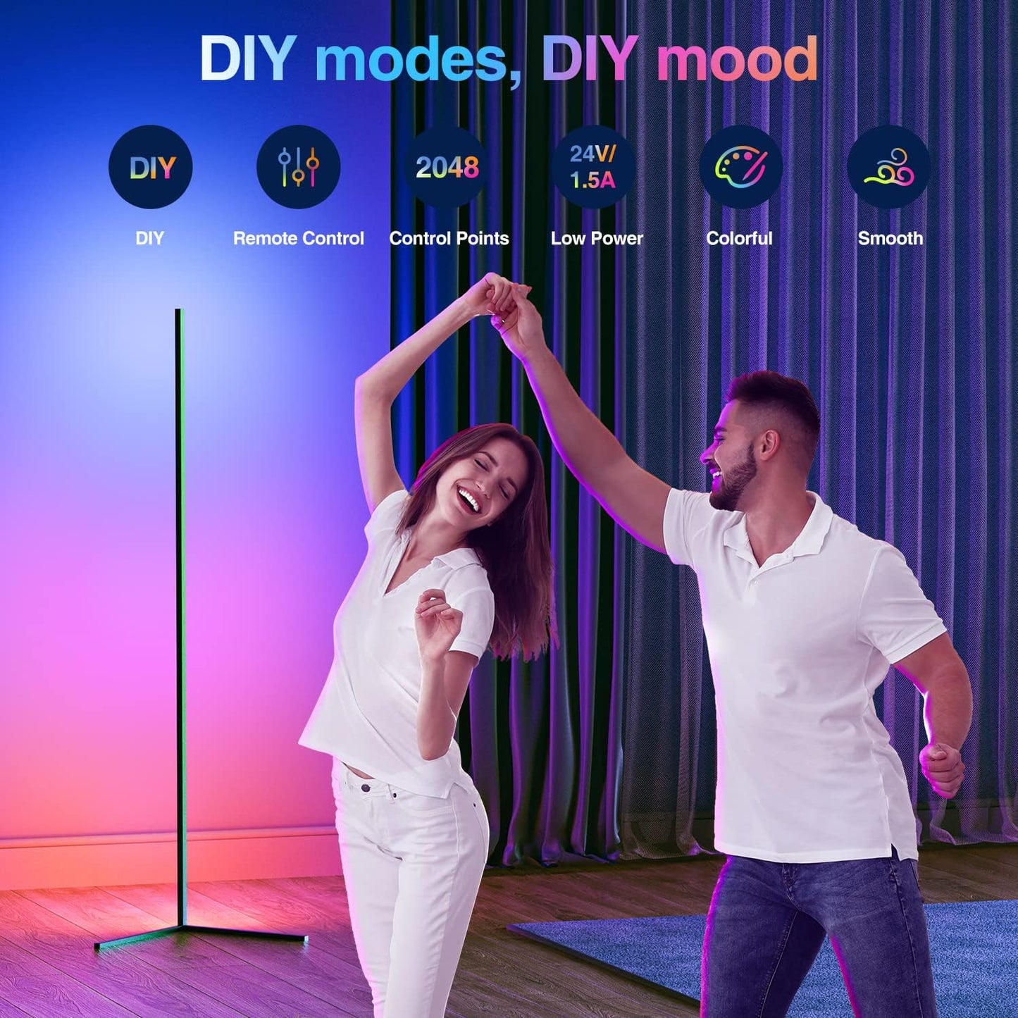 Lámpara de pie para esquina con RGB, con Control Remoto, negra.