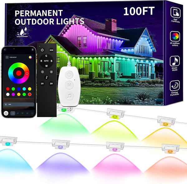 Luces permanentes KSIPZE para exteriores de 100FT, RGB+IC