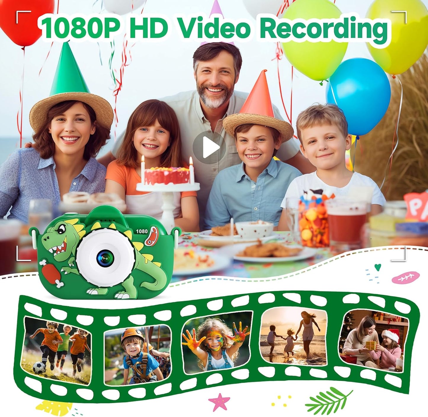 Cámara para niños lente dual 1080P HD dinosaurio