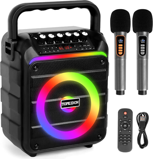 Máquina de karaoke, 2 micrófonos inalámbricos, entrada AUX.