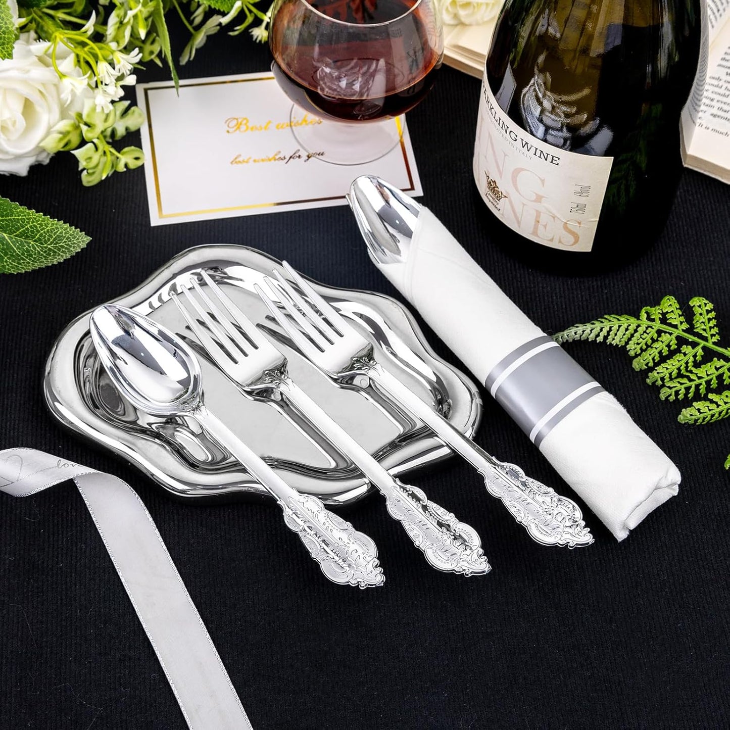 Cubiertos de plástico plateado, Servilletas preenrollados, 400pcs.