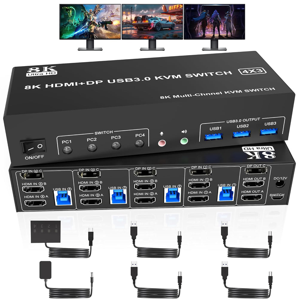Conmutador, 2 HDMI USB3.0 KVM, Triple Monitor, Switch/micrófono.