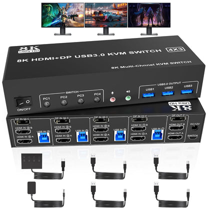 Conmutador, 2 HDMI USB3.0 KVM, Triple Monitor, Switch/micrófono.