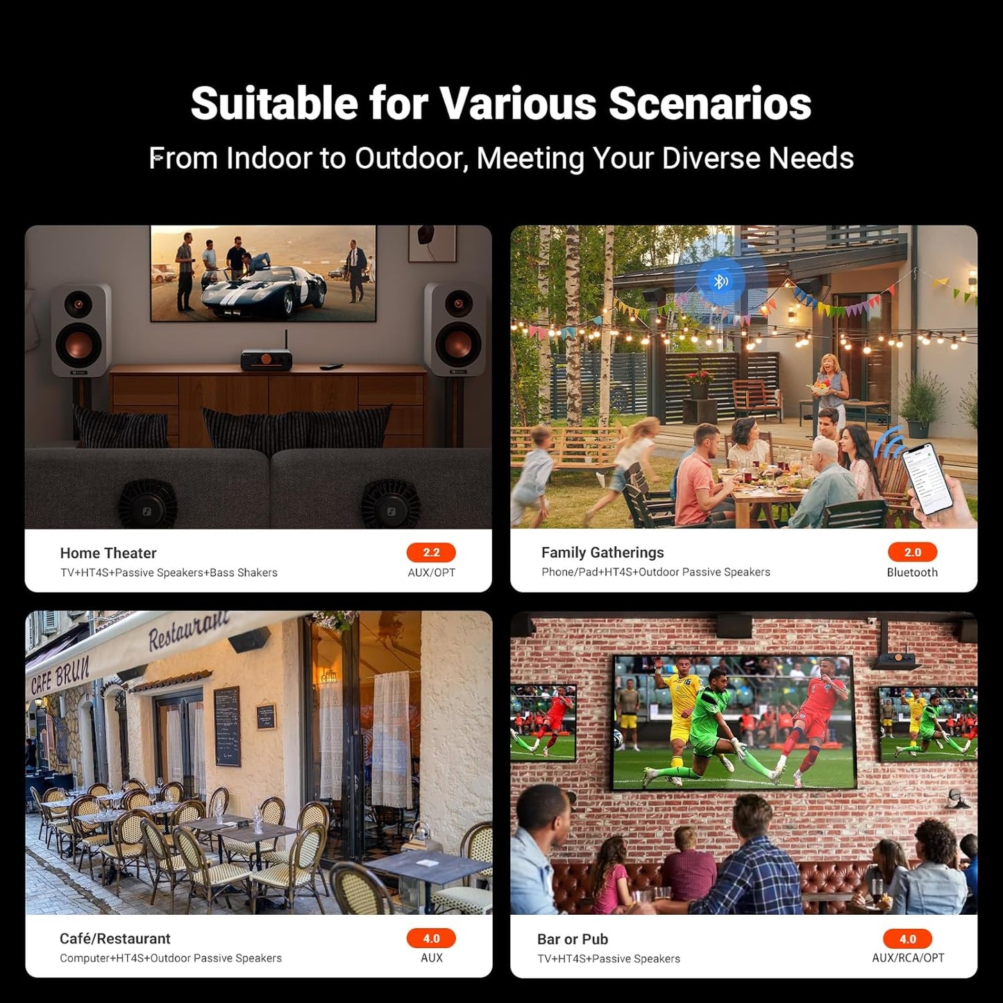 Amplificador Bluetooth para altavoces al aire libre, 4 canales.