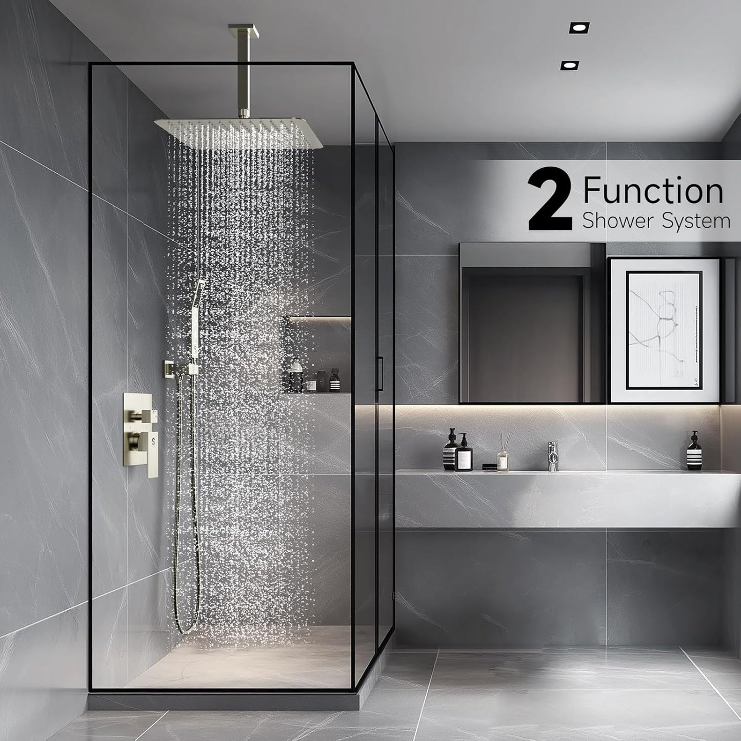 Sistema de ducha de níquel cepillado de 12", con cuerpo de valvula.