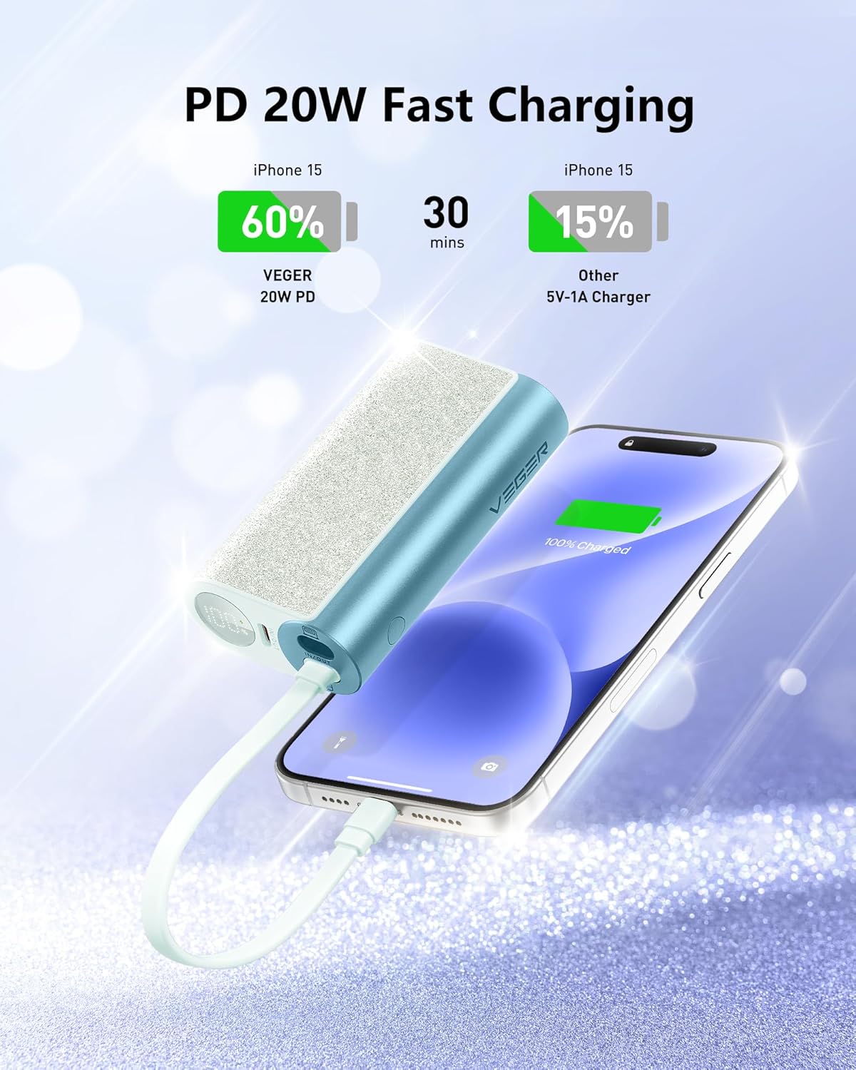 VEGER Cargador portátil compacto cable extraíble