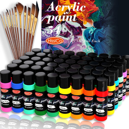 Set de pintura acrílica, 54 colores, 60 ml, con 12 pinceles, lienzo y madera.